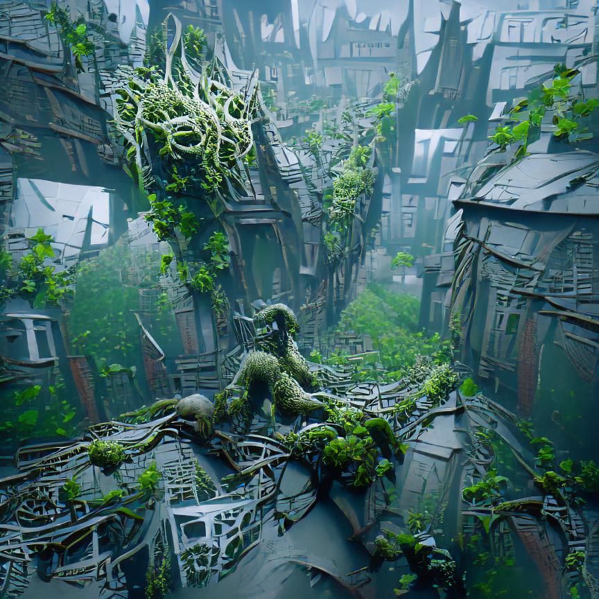 Overgrown city covered in vines and moss 8k resolution conce...