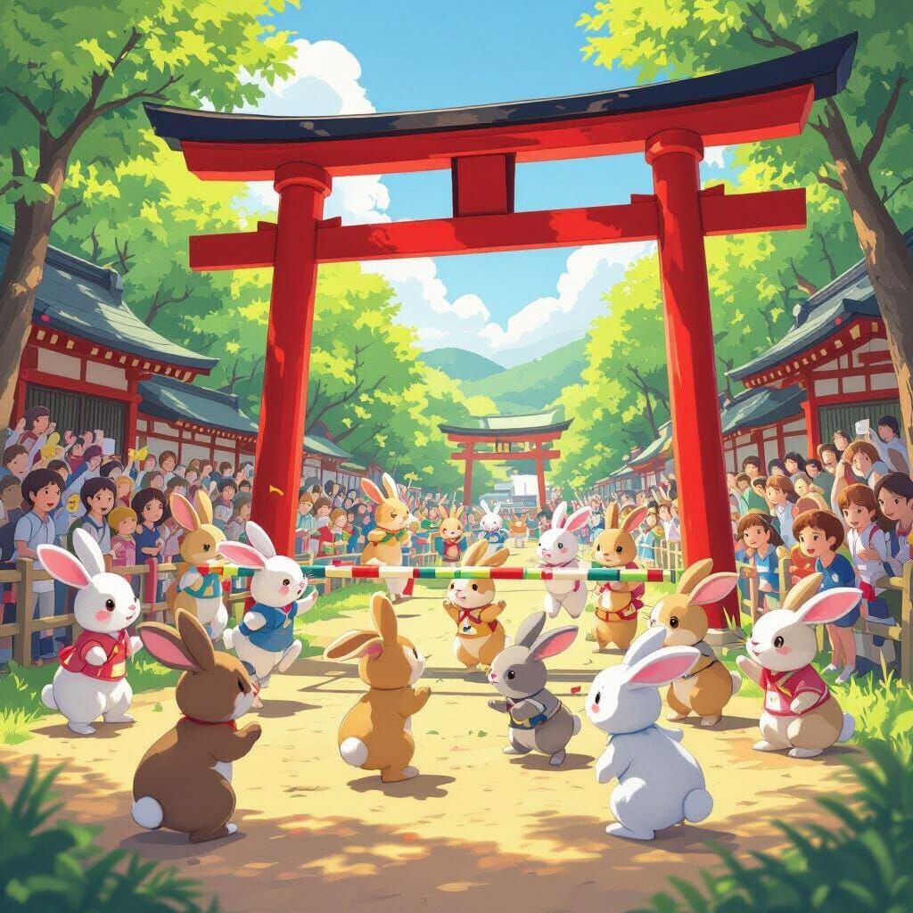 Rabbits Compete in Sports Day at Shrine with Torii Hurdles
