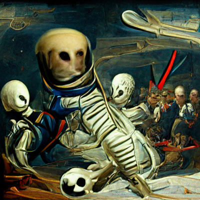 Scary skeleton astronaut in space renaissance painting