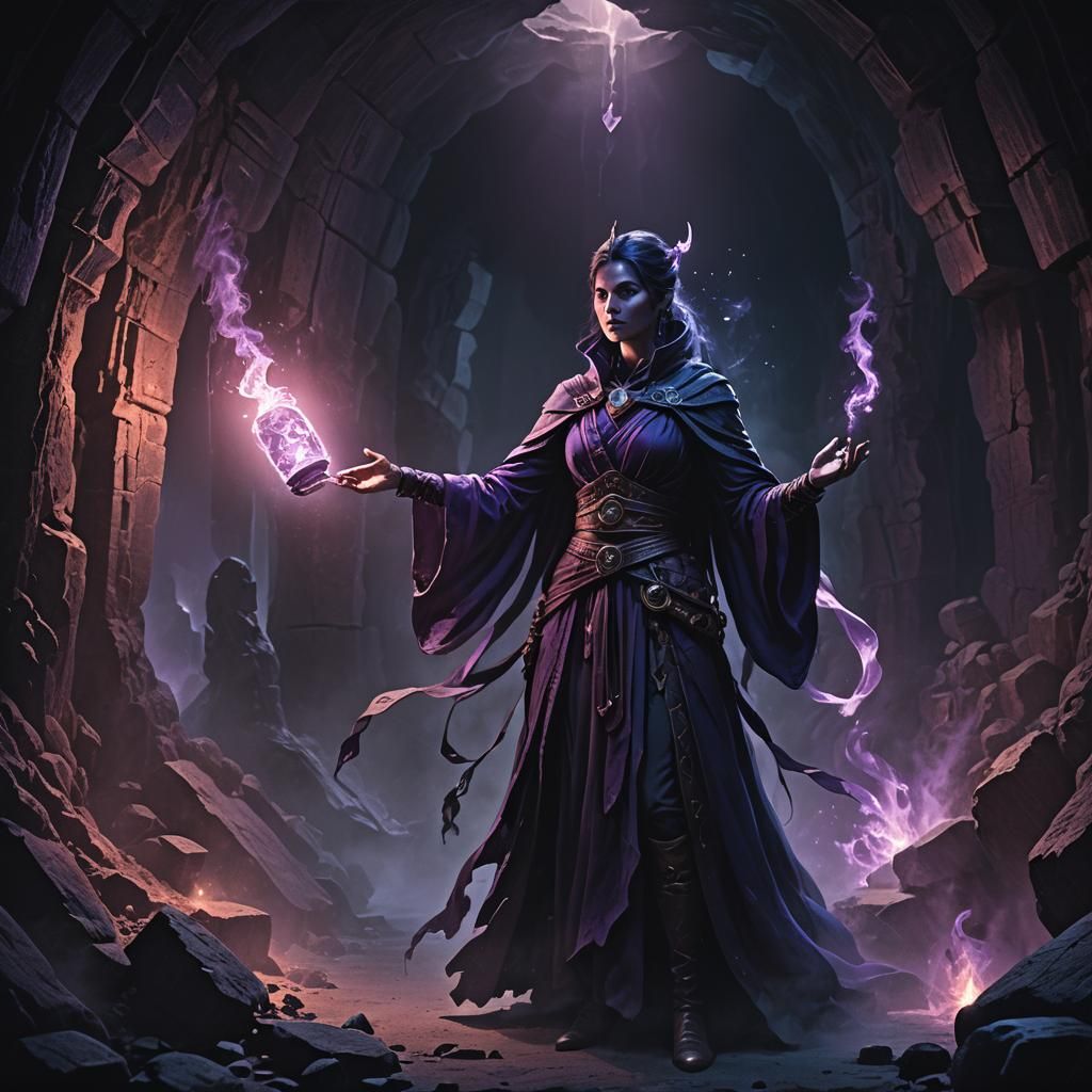 A DnD-style image of a female genie warlock, emerging gracef...