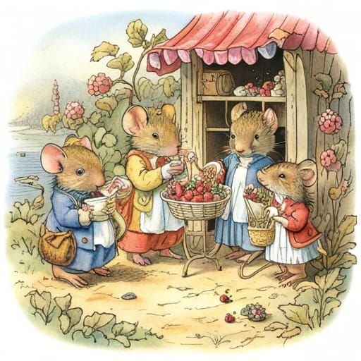 The cute little mice collect wild berries on the shore of a lake ...