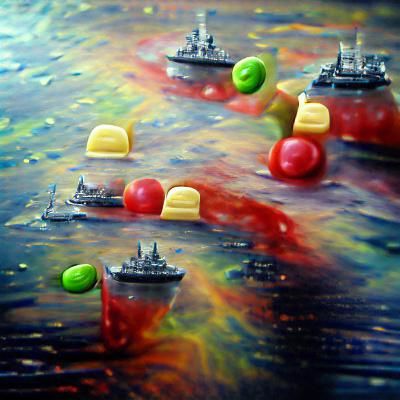 Battleships in an ocean of skittles oil on canvas