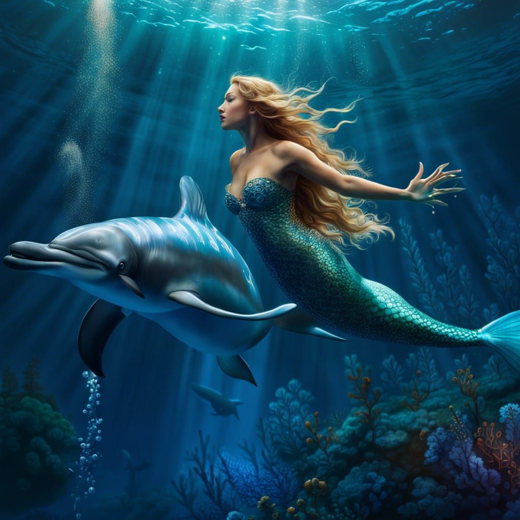🧜‍♀️ mermaid swimming with a dolphin 🐬