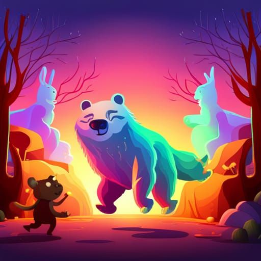 Psychic psychedelic bear running in spooky neon woods being ...