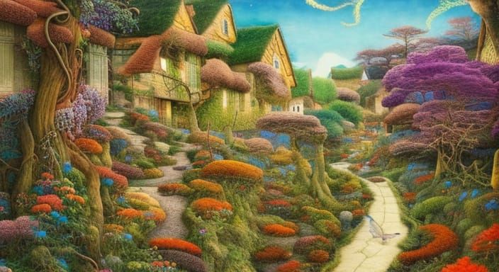 quaint cottages nestled along rolling green fields, colorful...