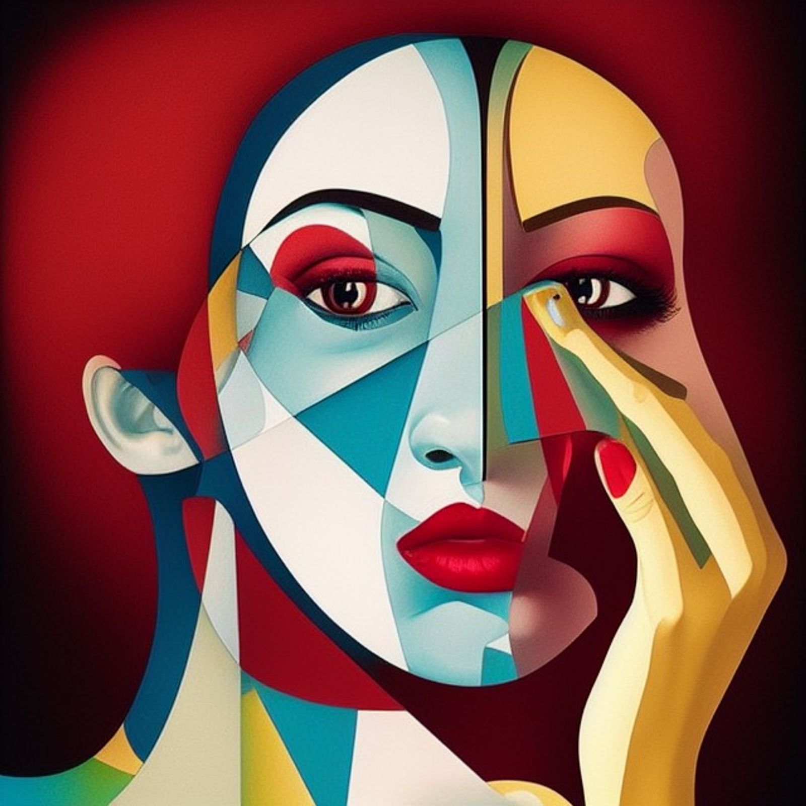 a woman's face with a broken design on it, a cubist painting by ...