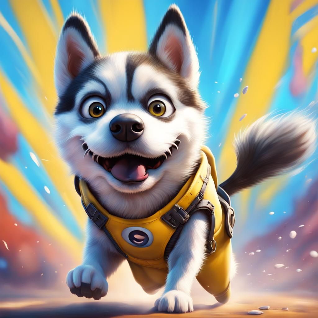 A happy minion waving walking a siberian husky