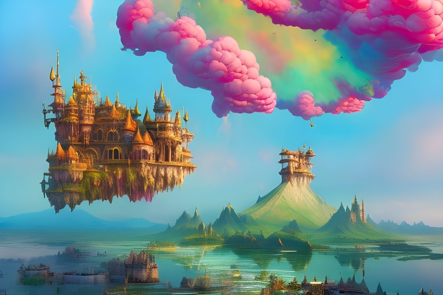 An anti-gravity Hobbit village with rainbow fireworks.  by @E_Williams