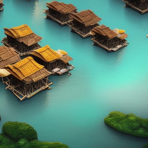 A floating village with bamboo huts on a tropical sea. 