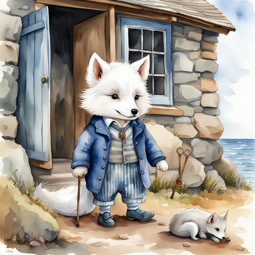 Watercolor in the style of Beatrix Potter. A thing little wh...