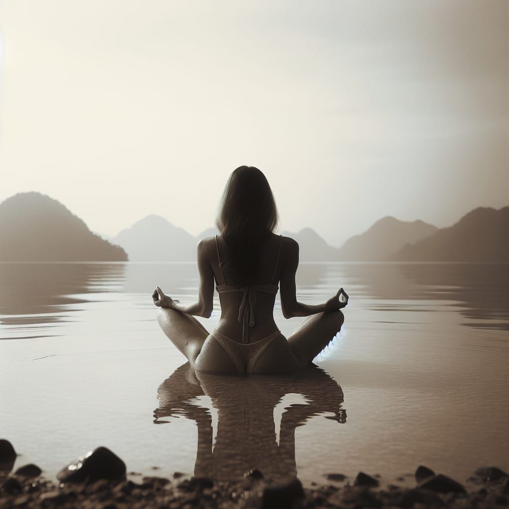 femme accroupie de dos, pieds immergés, reflétant la quiétud...