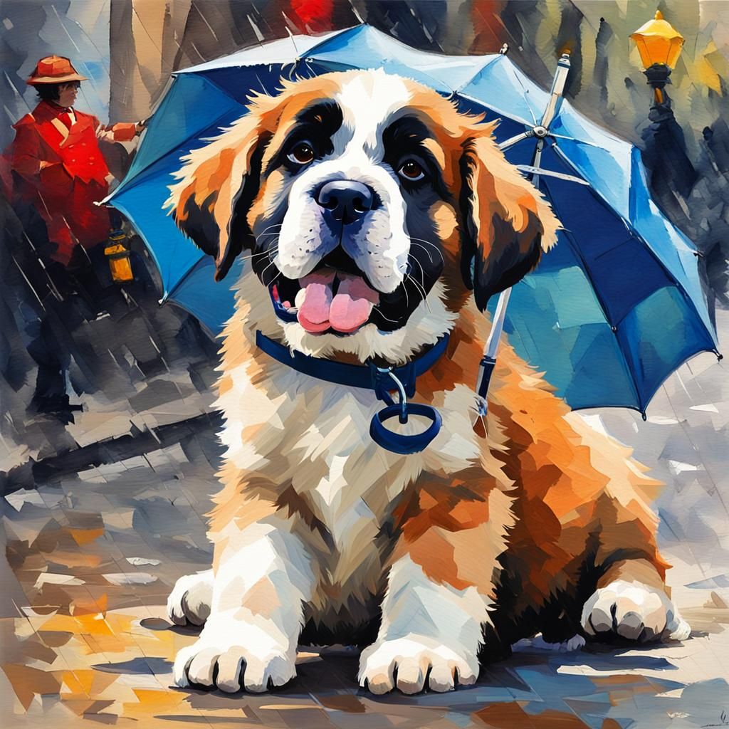 Happy St. Bernard puppy, Mary Poppins, London, umbrella