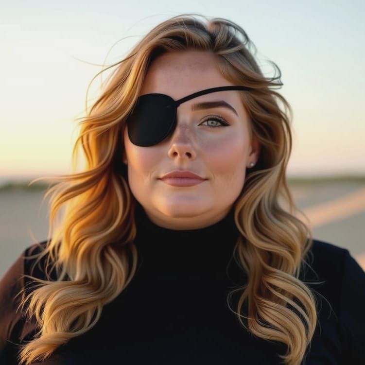 Photo portrait in the dunes of a gorgeous blonde plus size woman in black outfit with an eyepatch, no. 3
