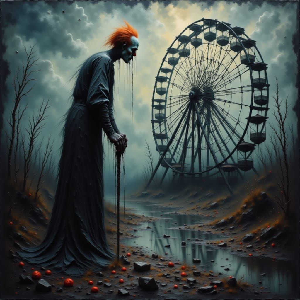 <lora:Gothic Halloween 1-1:1.0> Evil-looking clown lurking near a broken Ferris wheel