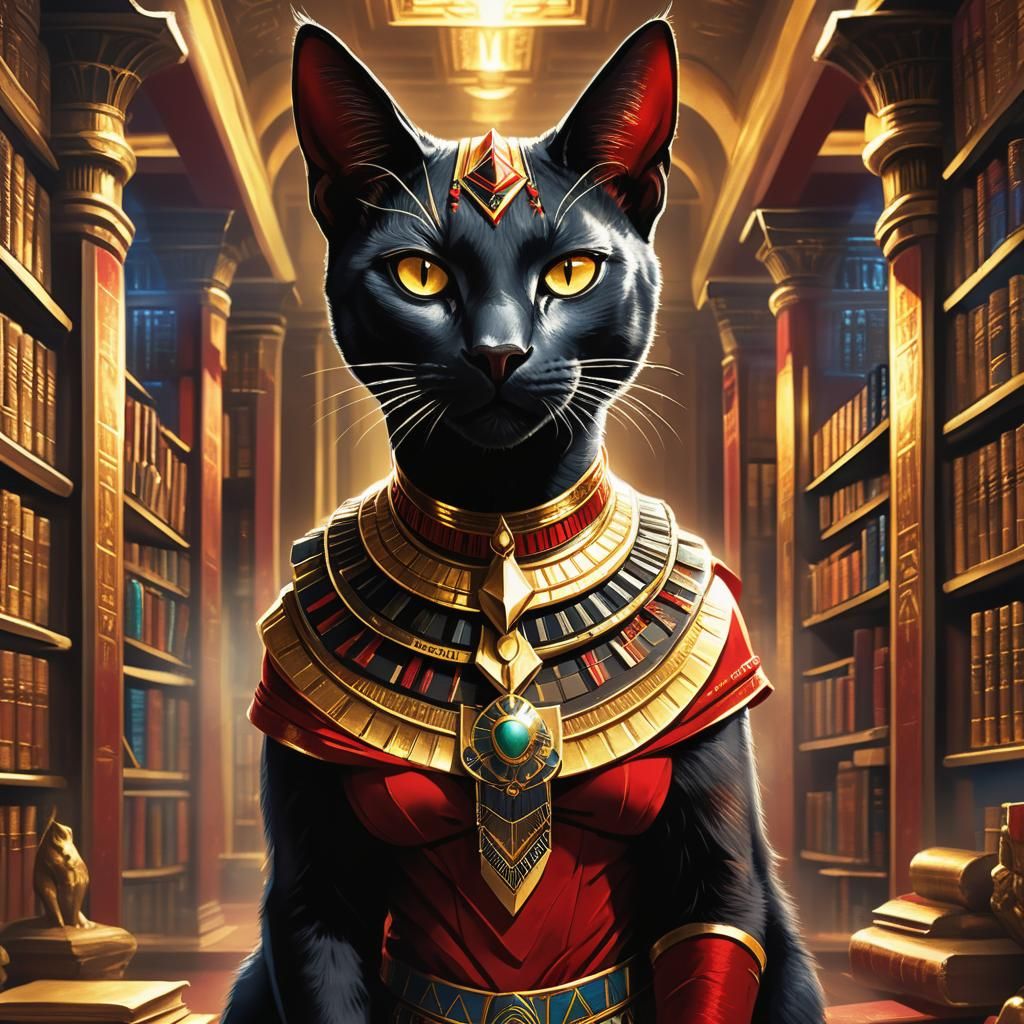 Bastet In Red And Gold Outfit In The Library - Ai Generated Artwork 