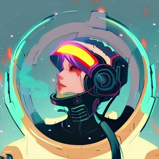 A female astronaut in a cyberpunk space suit, listening to music ...