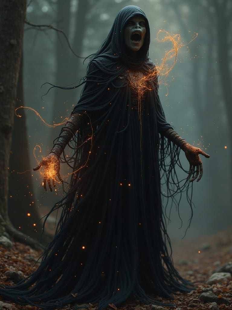  glowing specks floating and swirling around a dark, sinister, malevolent witch Zdzisław Beksiński concept art folk art  digital art Octane ...