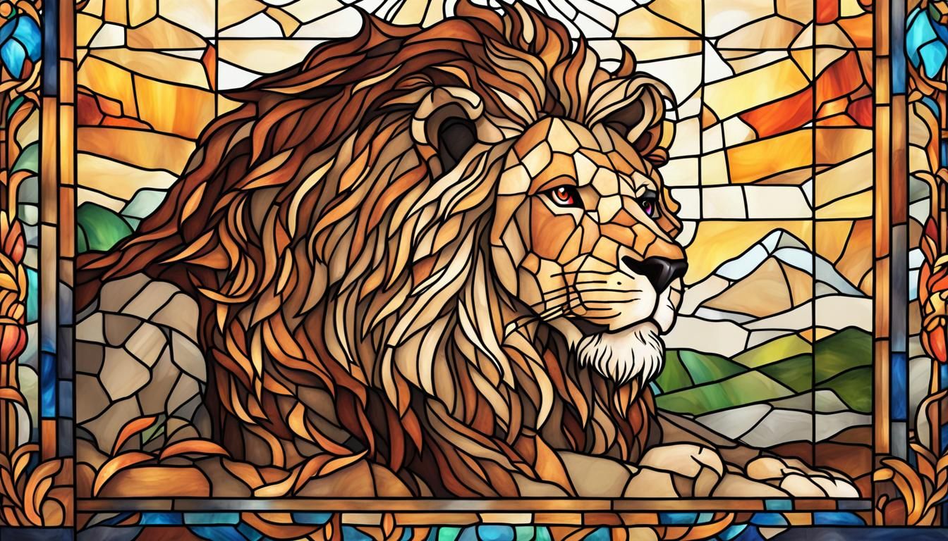 Create a stained glass fan art of an epic lion