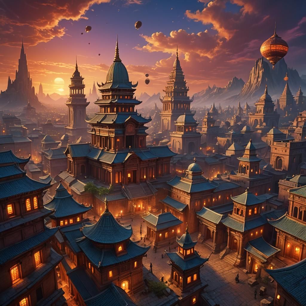 Fantasy Alien Cityscape with Ancient Temple at Dusk