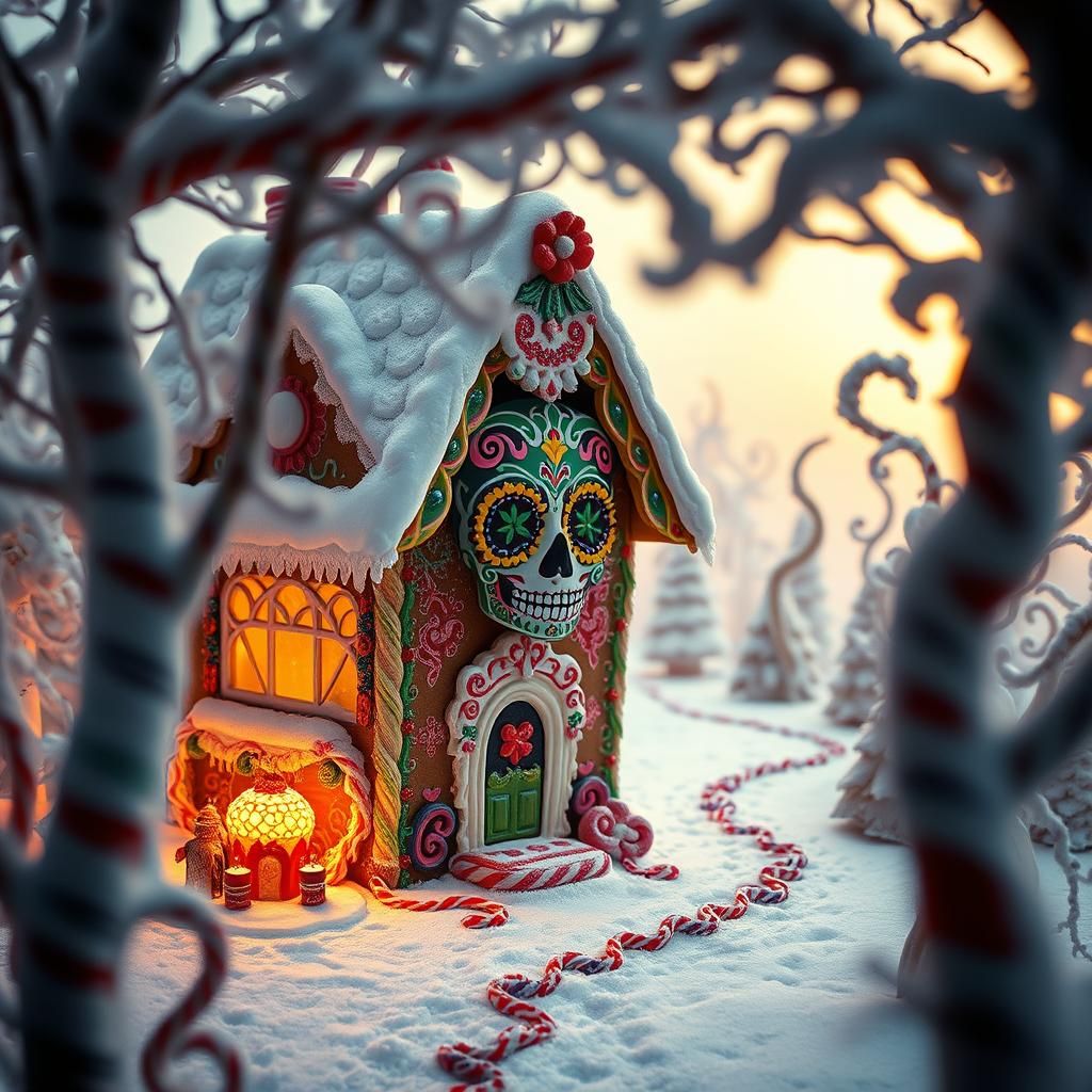 A fantastically detailed gingerbread house in a snowy winter wonderland, with candy cane trees and a gumdrop path. Medium shot of a beautifu...