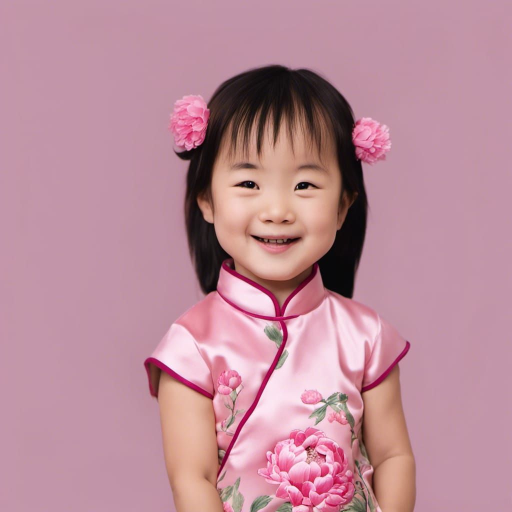 Smiling toddler Chinese girl with pink qipao embroidered wit...