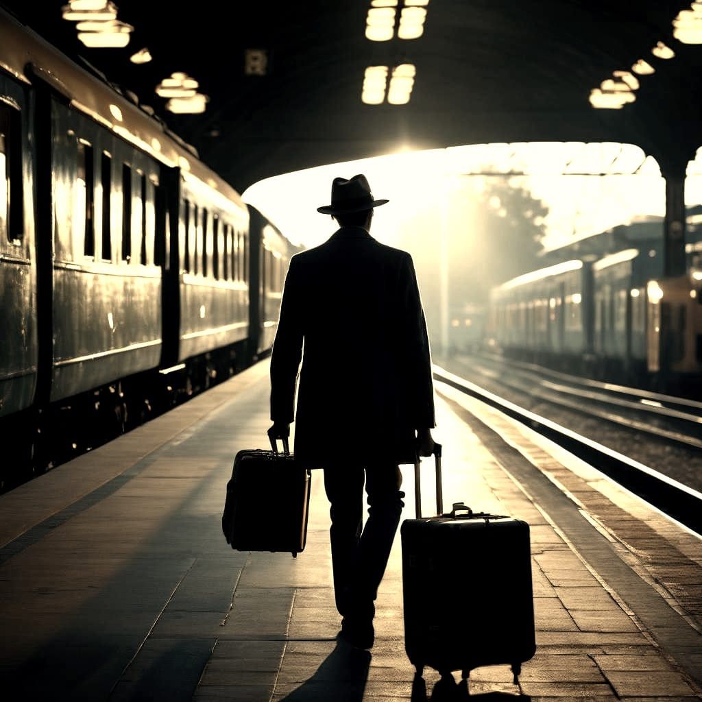Lonely Traveler at Train Station in Warm Light