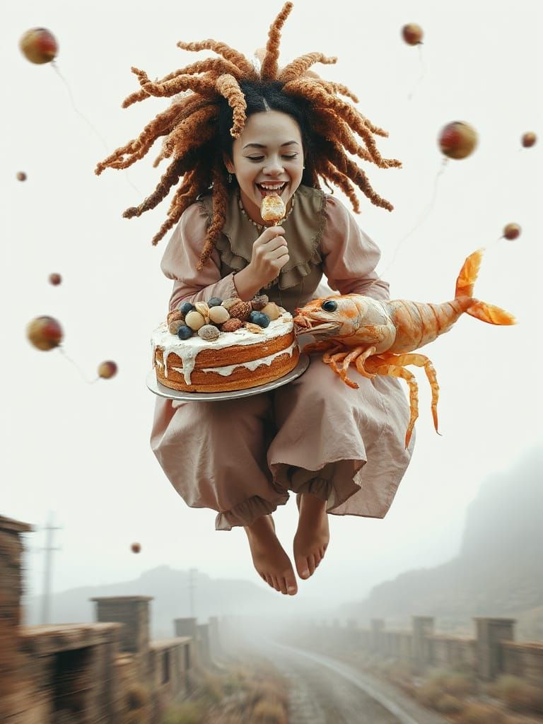 ULKNUDEL LEVITATING WITH CAKE AND SHRIMP