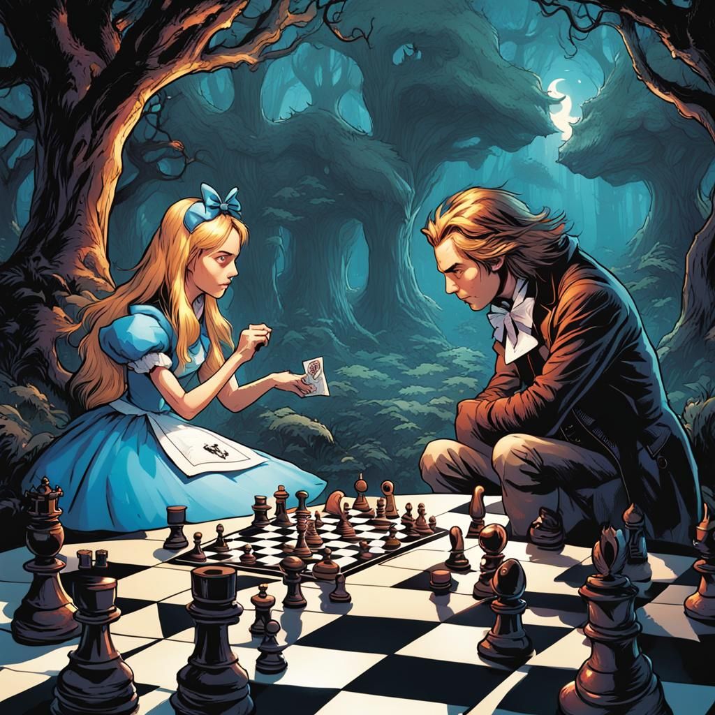 Alice from wonderland being part of a chess game