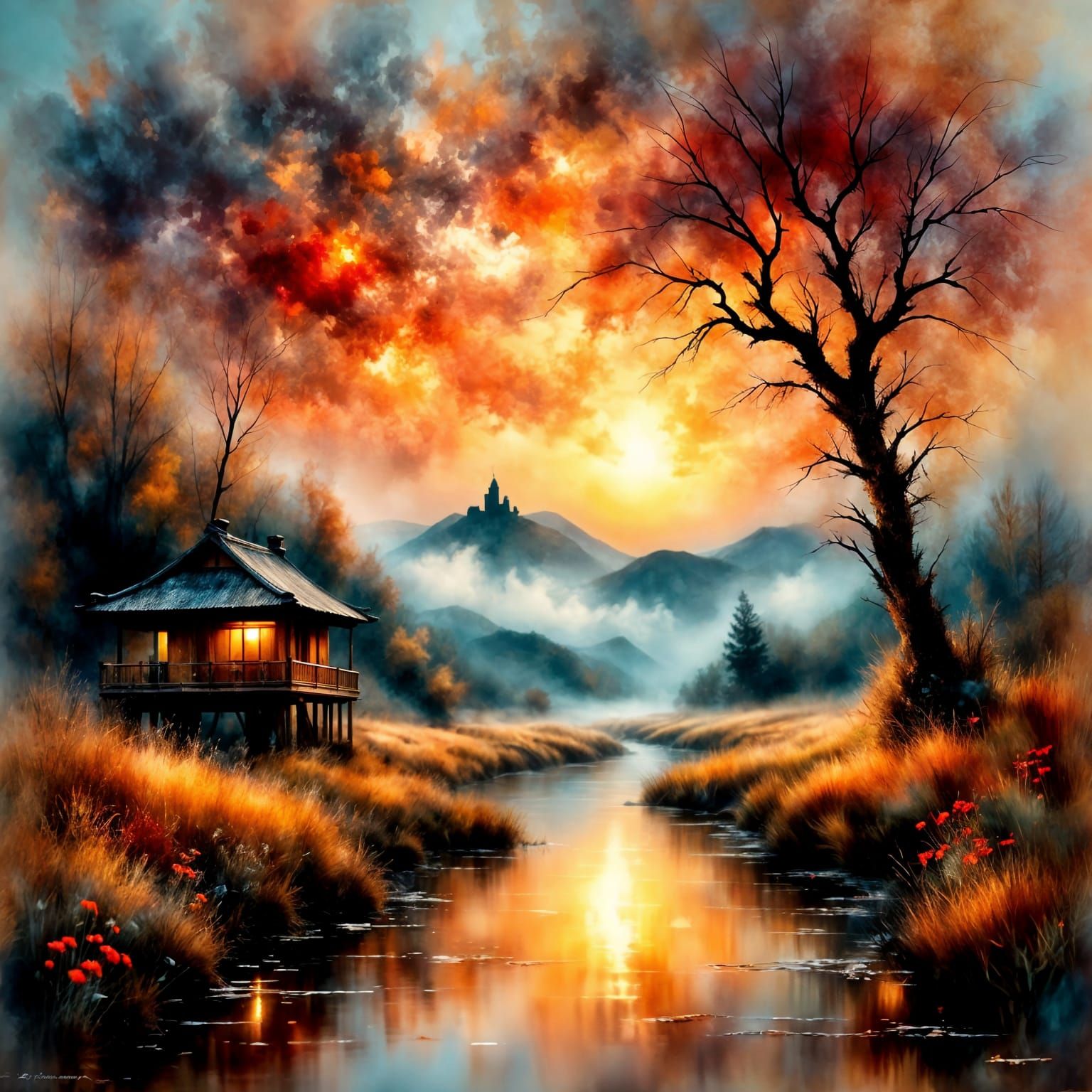 Fantasy Japanese House by Fiery Sunset River