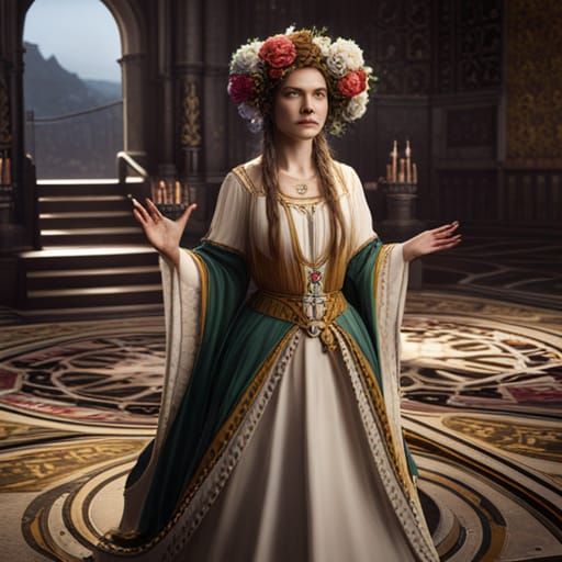 A medieval lady with flowers in her hair