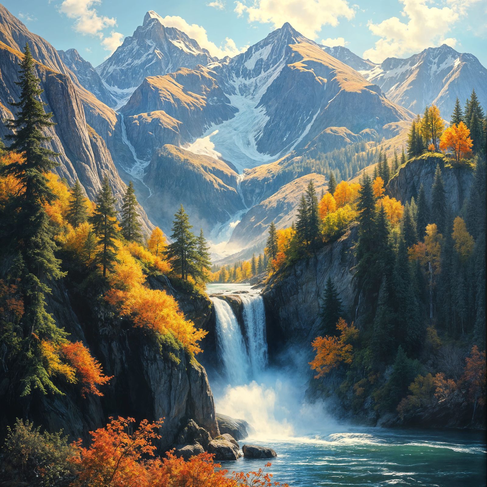 magnificent painting of a mountain waterfall, pristine landscape, lush greenery, autumn foliage, autumn ...  by @SirEdmund