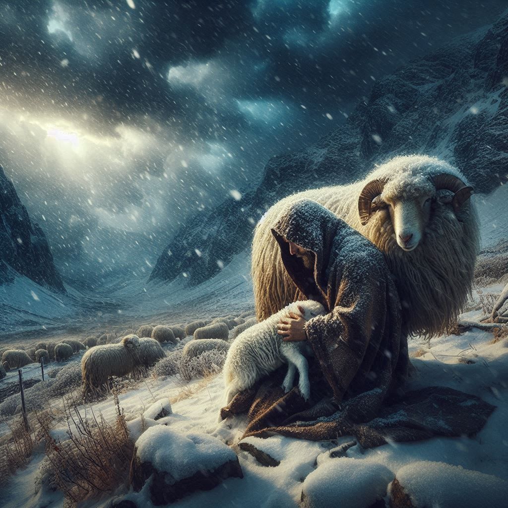 A shepherd shelters a lamb from the snow