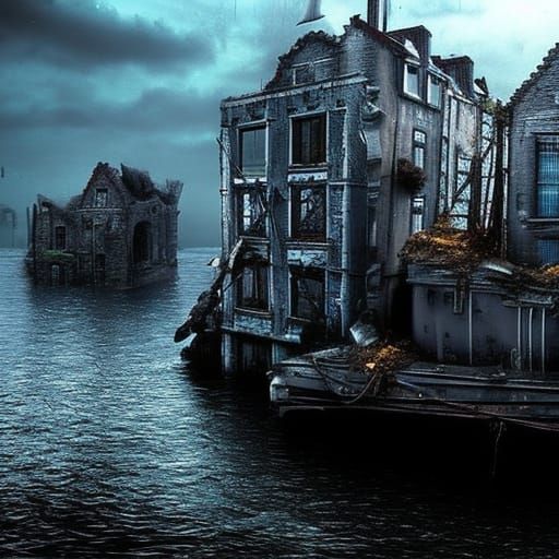wreckage of amsterdam houses, canals,  ruins bridges are cov...