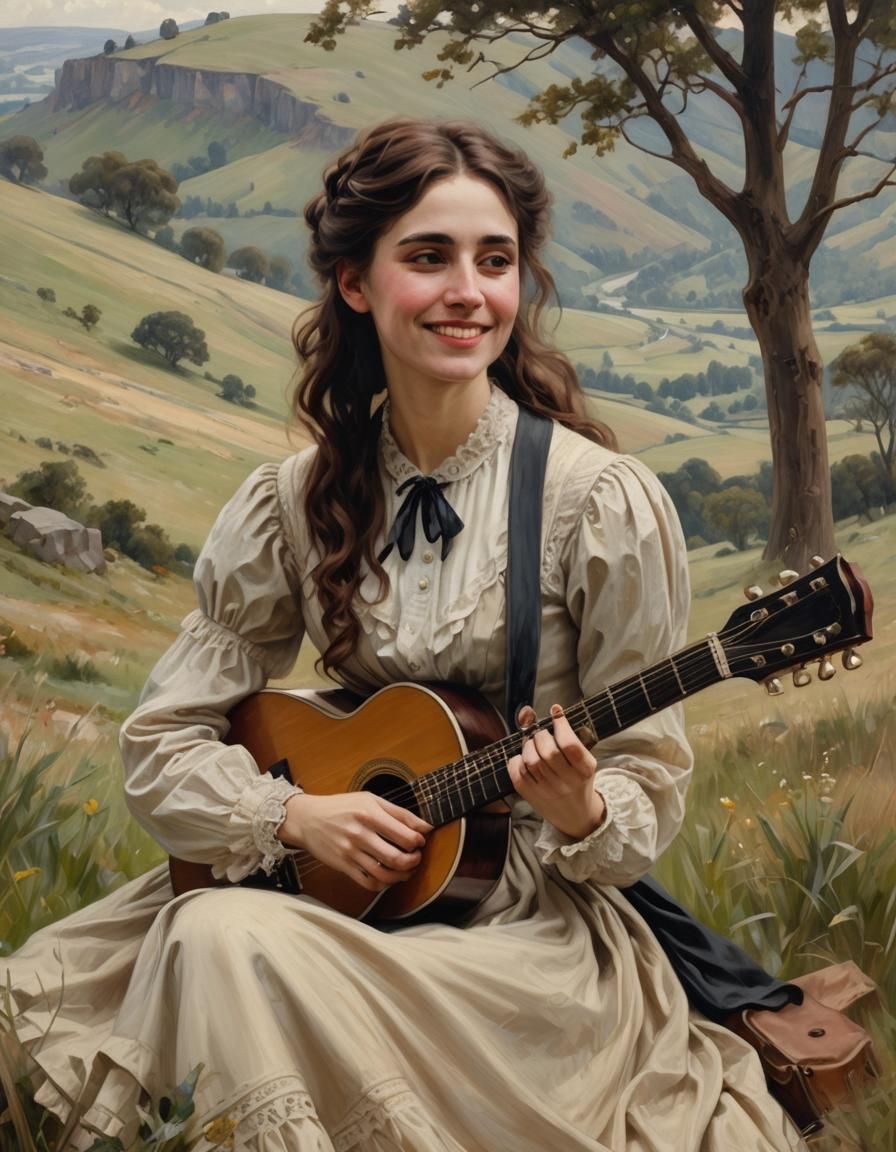 A beautiful young Victorian woman sitting on a hillside and ...
