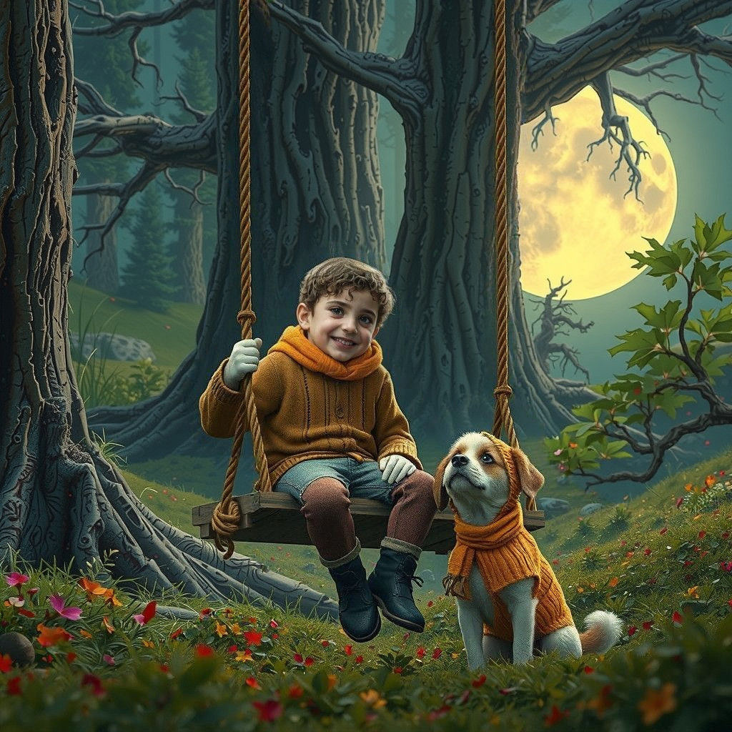 A Young Boy Sits on a Wooden Swing in a Fantastical Winter L...