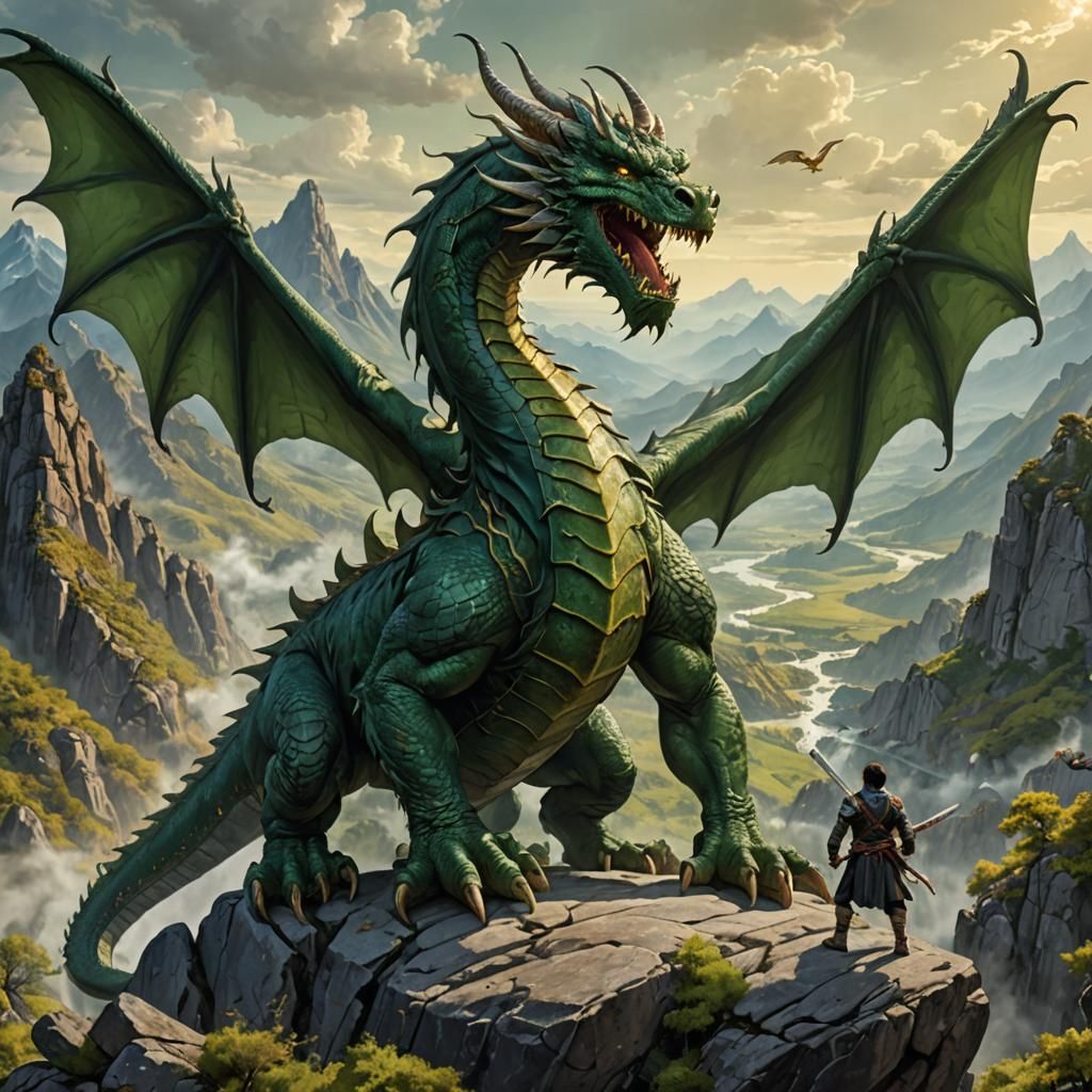 The dragon is a large, green creature with yellow eyes and a long, serpentine body. It is standing on ...  by @Drestknight