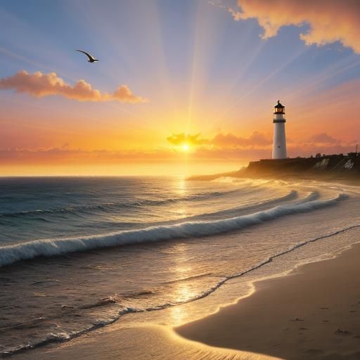 Stunning realistic beach sunset, clouds and sunlight overhea...
