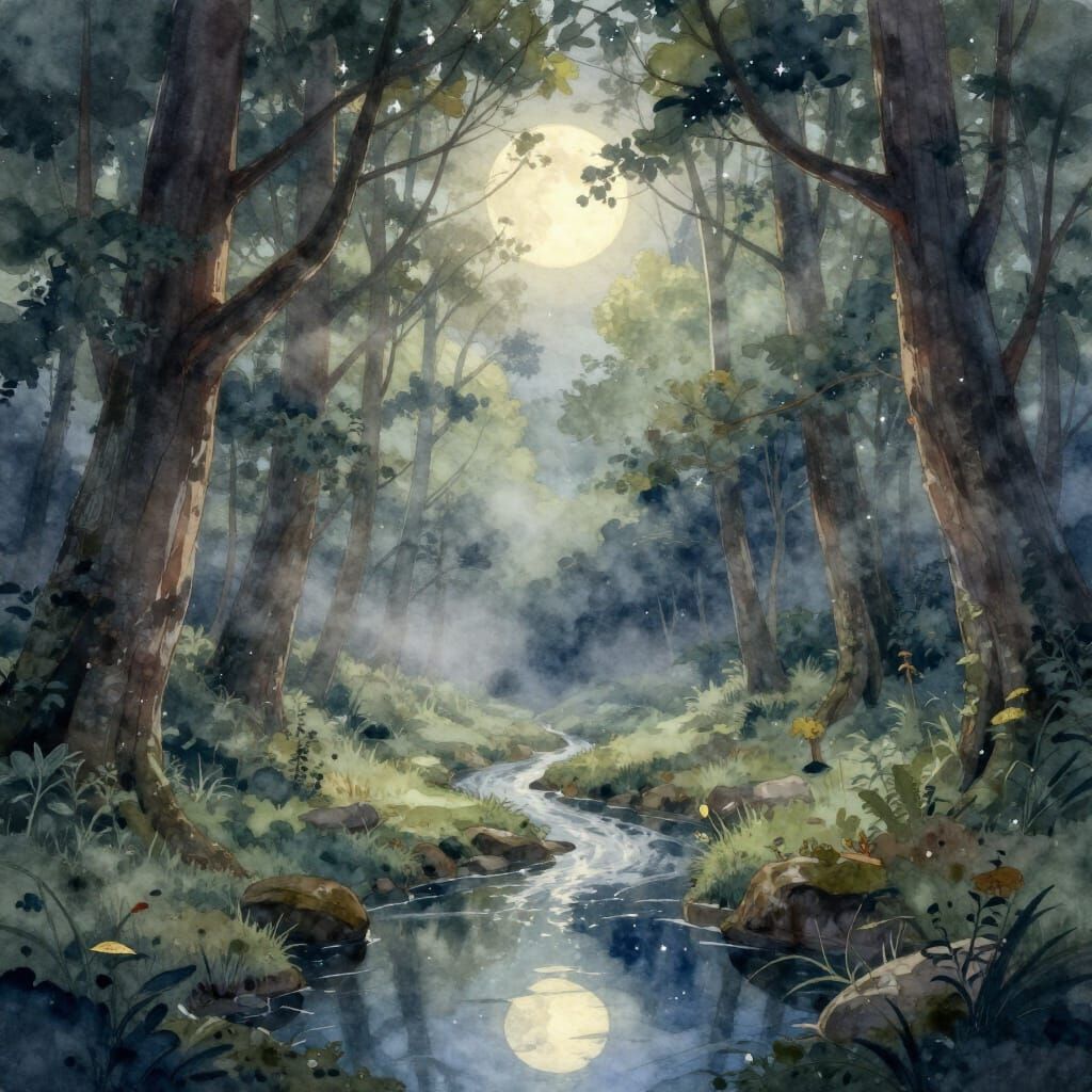 A serene forest clearing bathed in ethereal moonlight, with ancient trees whose branches intertwine to ...  by @Calypso