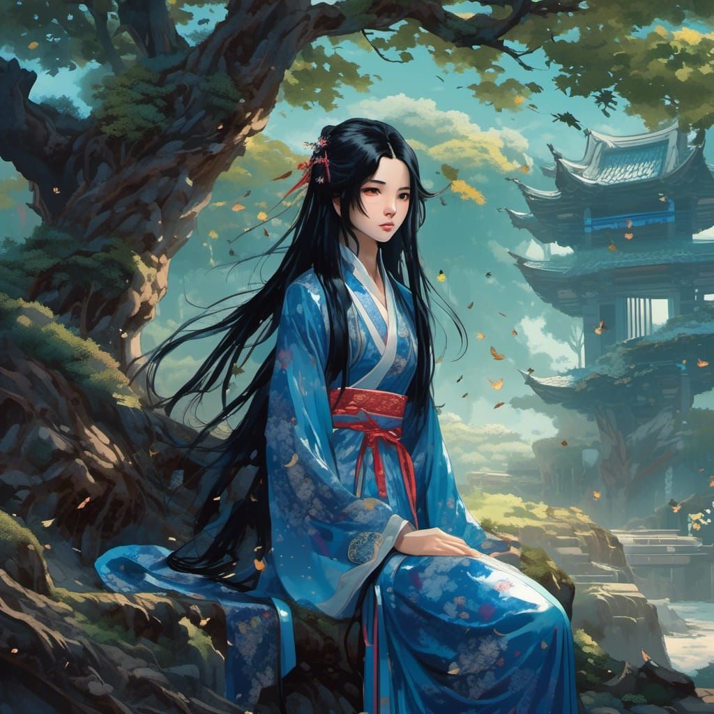 Chinese Girl with Black Hair in Watercolor Anime Style