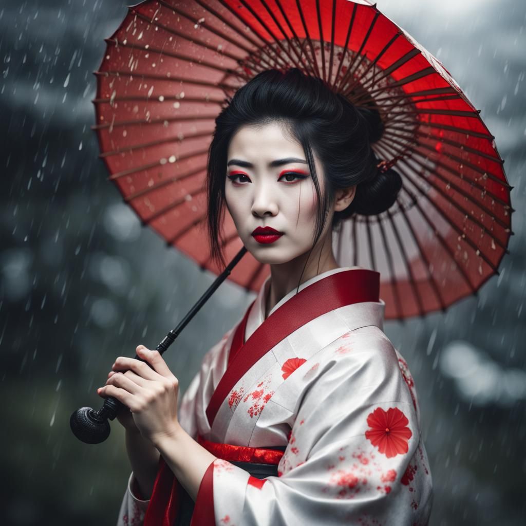 Portrait of a geisha holding an umbrella, soft rain - AI Generated ...