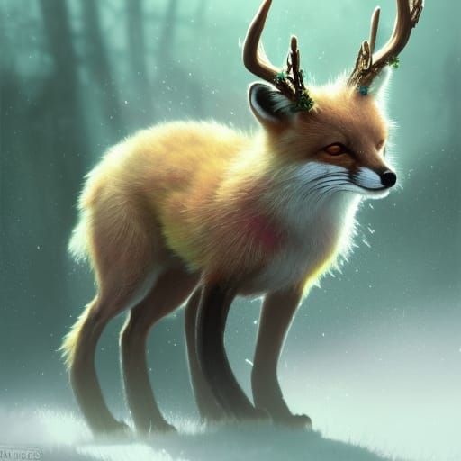cute small earth fox with deer antlers and flowers on its bo...