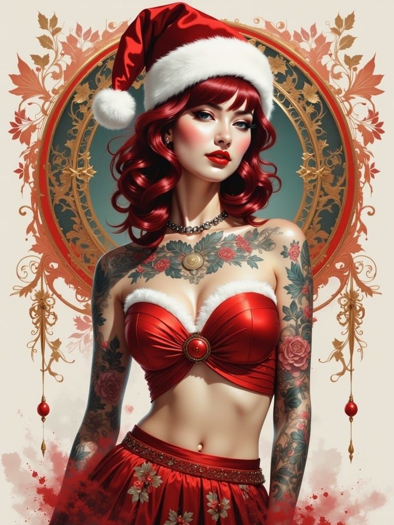 <lora:ConstellationRAW:1.0>  full body portrait Gorgeous tattooed 50s pin up woman with stunning styled maroon hair wearing attractive two p...