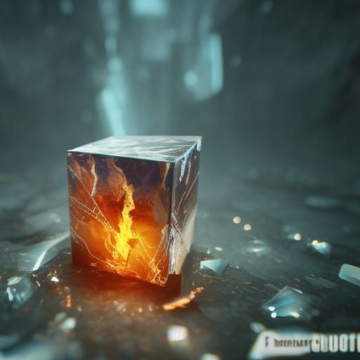 Cube of ice with an single flame of fire inside, elegant, hyperdetailed macro photography sharp focus elemental perfectl...