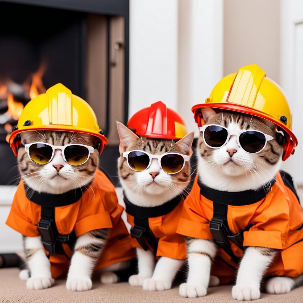 cute cats in a house fire wearing fireproof gear and sunglasses AI