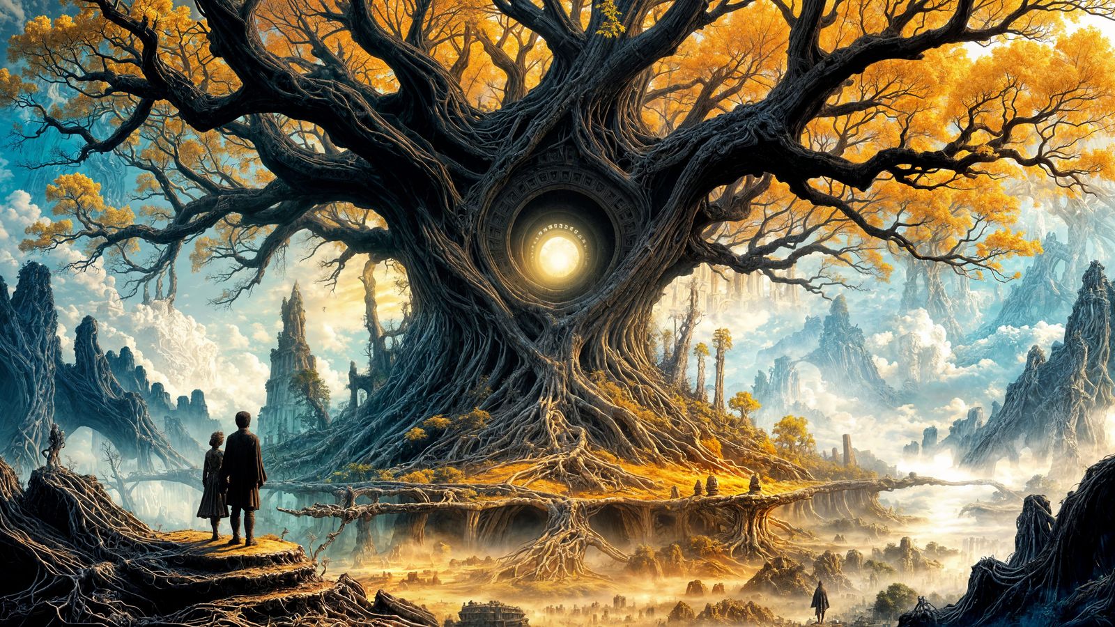 Colossal Scale: A colossal, ancient tree with roots that form intricate archways over a hidden city  by @Lennis