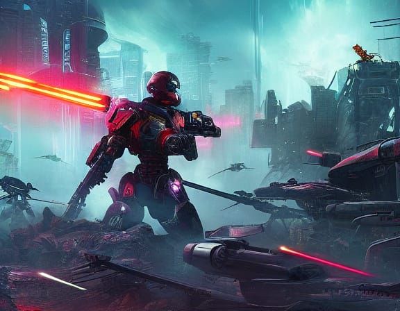 Cyborg Soldier Battles Robotic Insects in Neon City