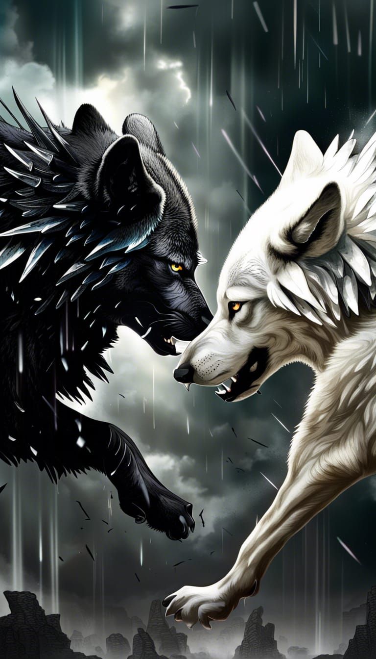A dramatic poster of a black winged wolf vs a white winged w...