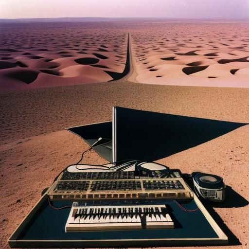 pink floyd style image of a desert half full of analog keybo...