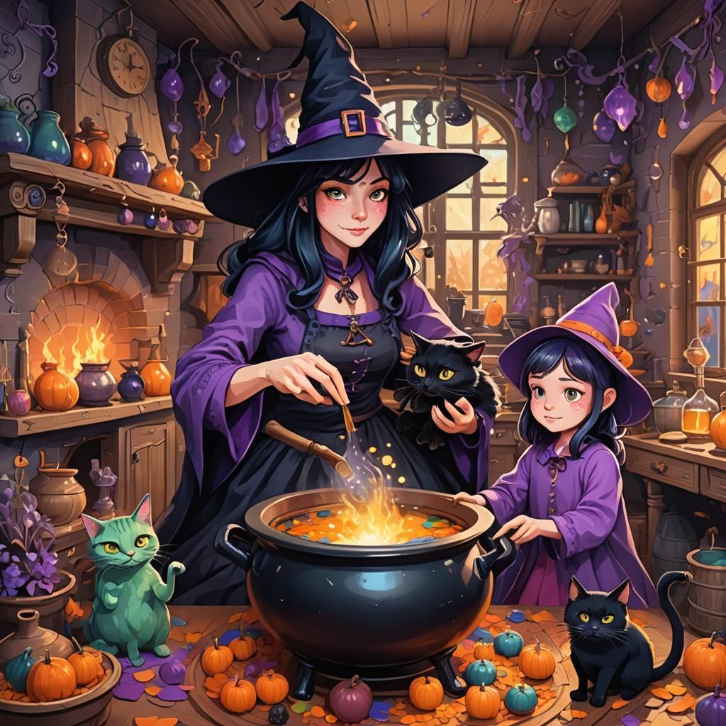 (((a cuteness masterpiece))) an adult witch is showing a lit...