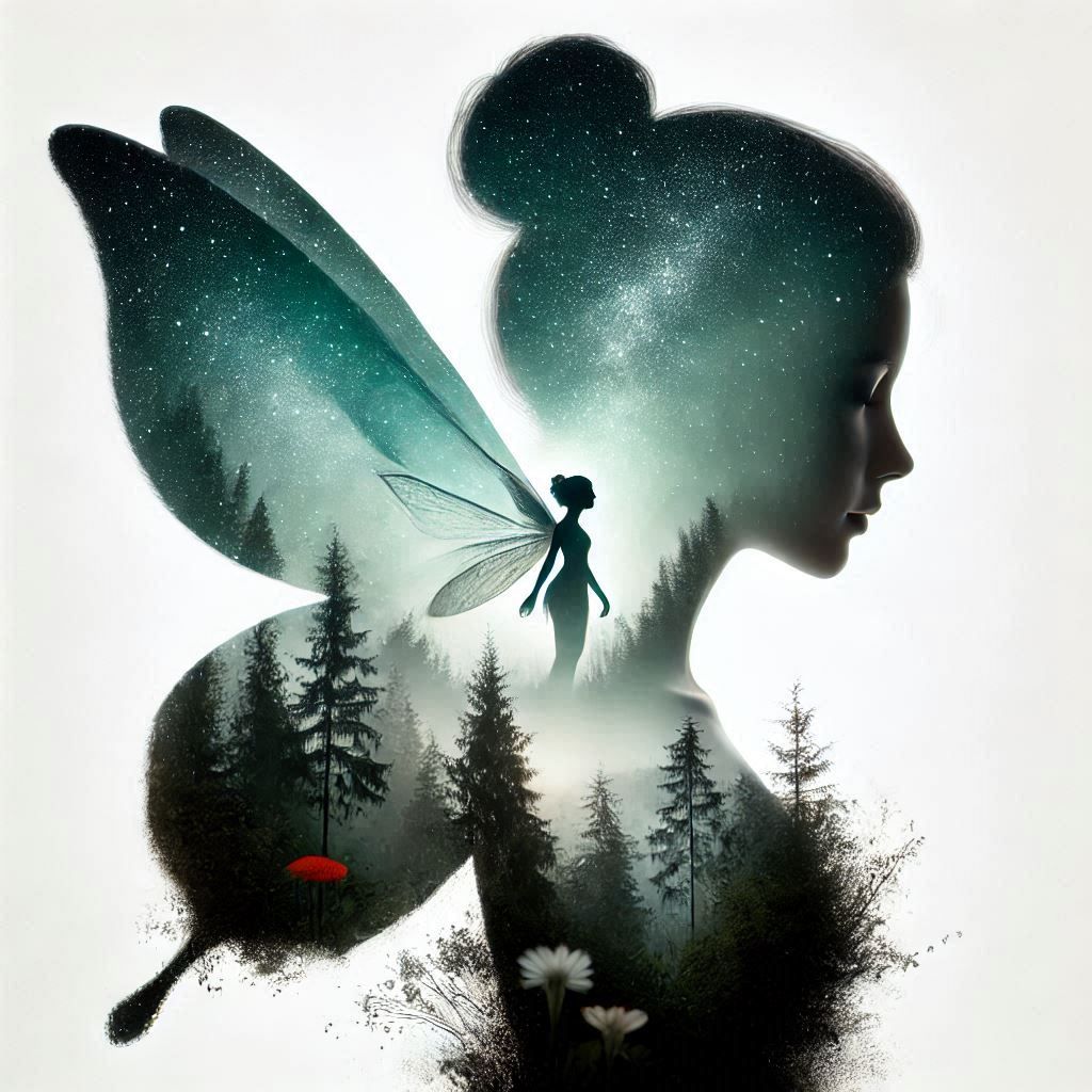 double-exposure fairy and forest